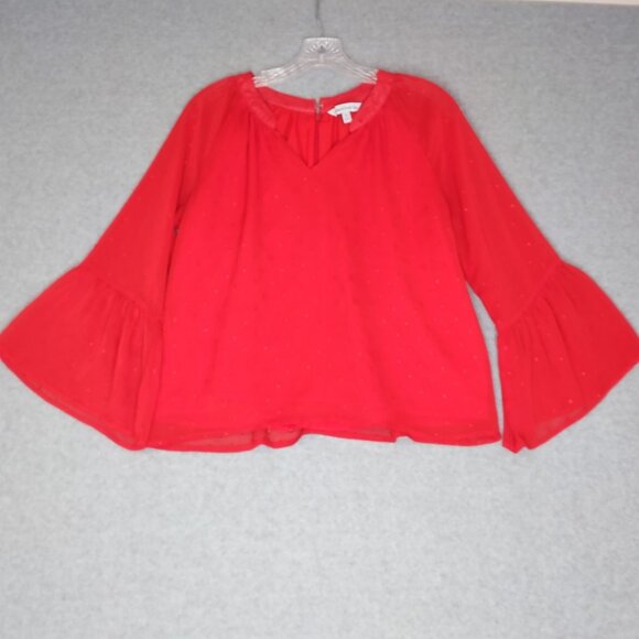 Sunsets & Sweet Tea M Red Chiffon 3/4 Sleeve Ruffle Frill Lined Blouse Top Night - Picture 2 of 12